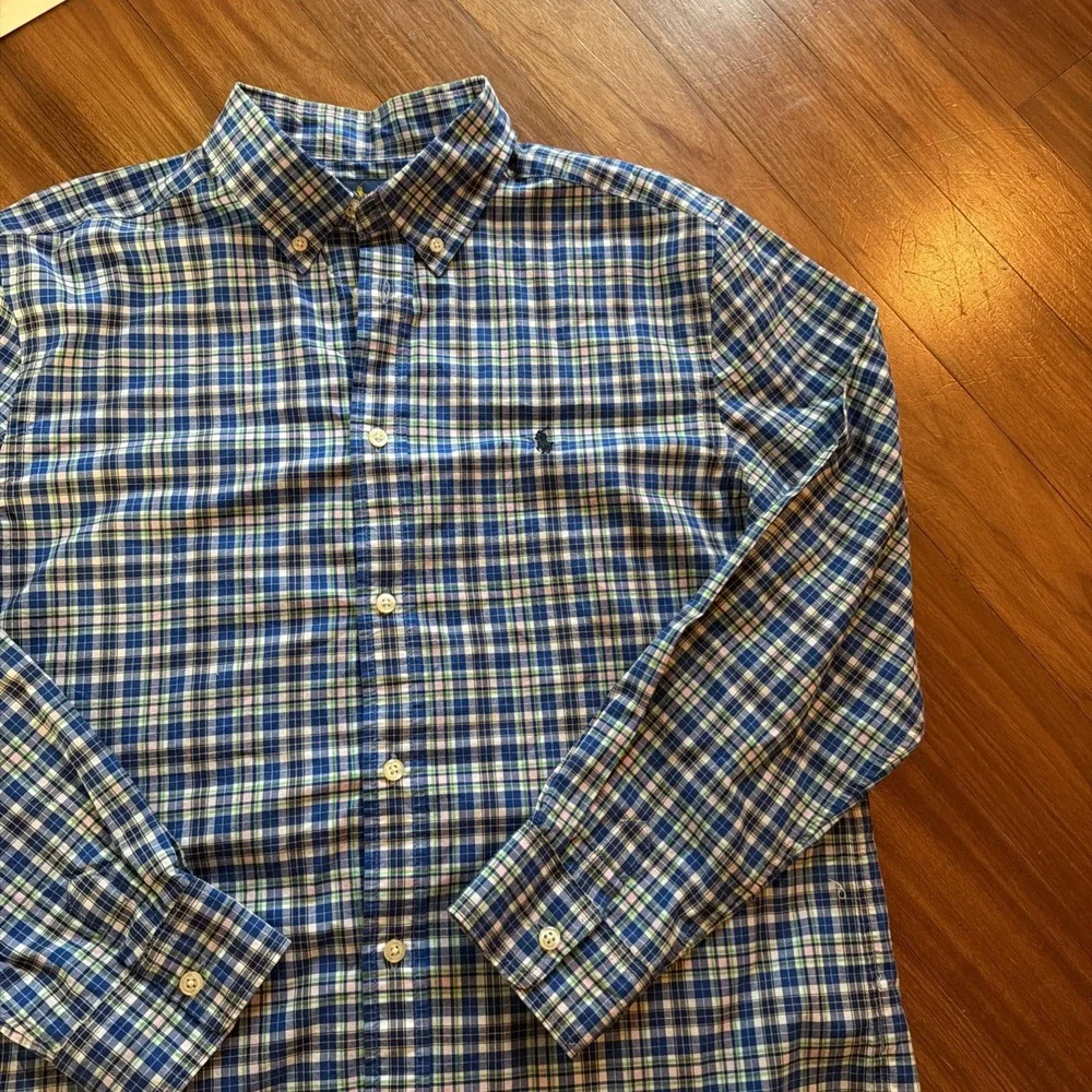 Ralph Lauren Natural Stretch Boys XL 18-20 Blue Green Checked Navy Horse